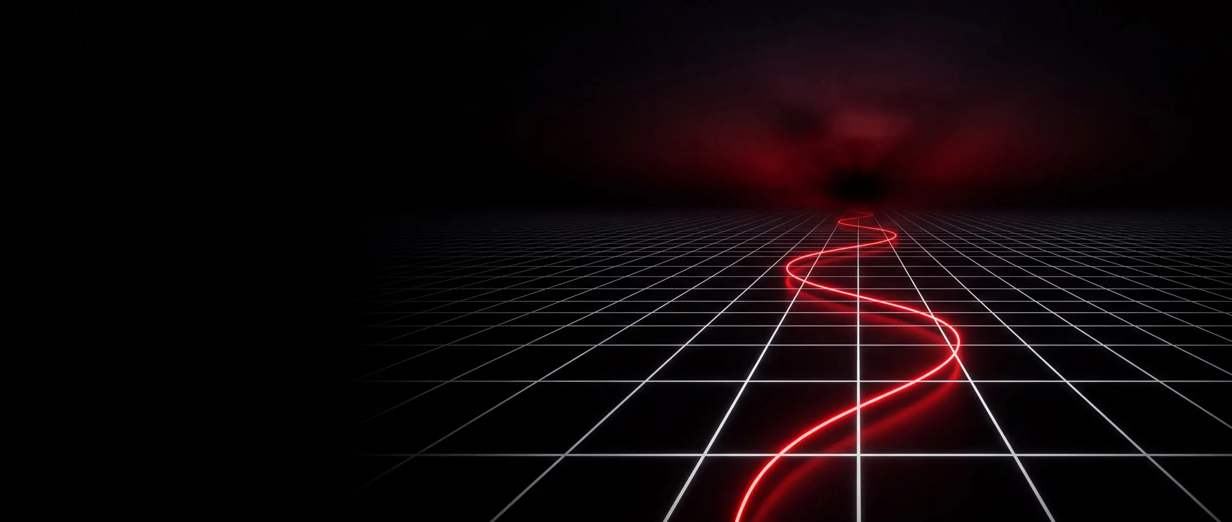 A glowing red line curving away into the distance across a dark grid